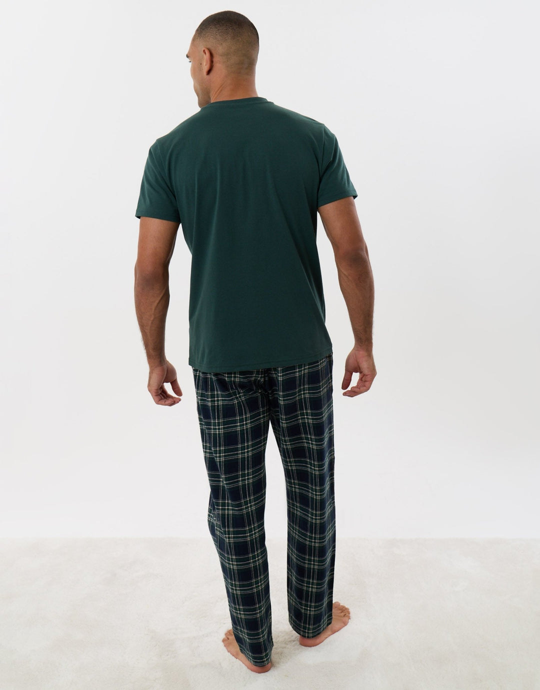 Threadbare T-Shirt & Cotton Flannel Trousers Pyjama Set in Teal Green Check - back view