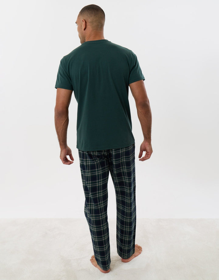 Threadbare T-Shirt & Cotton Flannel Trousers Pyjama Set in Teal Green Check - back view
