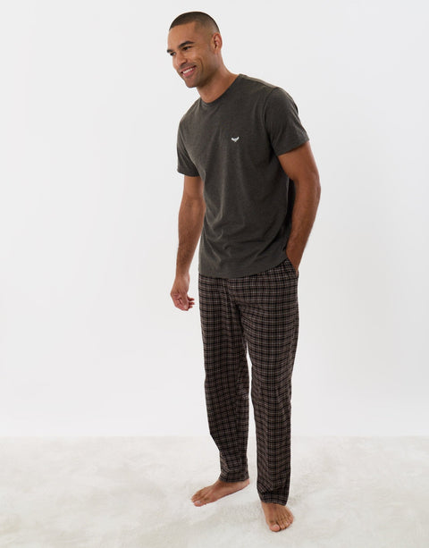 Threadbare Cotton Rich T-Shirt and Trouser Pyjama Set in Chocolate Brown Check - full body