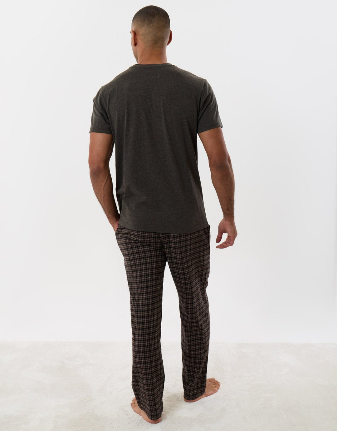 Threadbare Cotton Rich T-Shirt and Trouser Pyjama Set in Chocolate Brown Check - back view