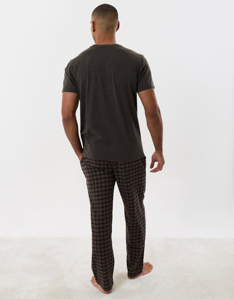 Threadbare Cotton Rich T-Shirt and Trouser Pyjama Set in Chocolate Brown Check - back view