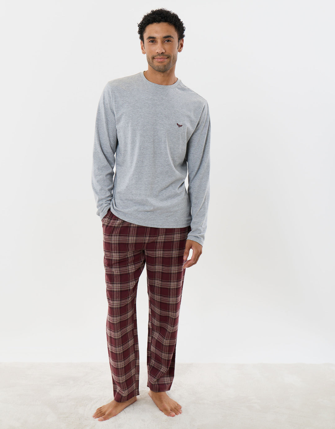 Top & Flannel Trousers Pjyama Set in Burgundy Check