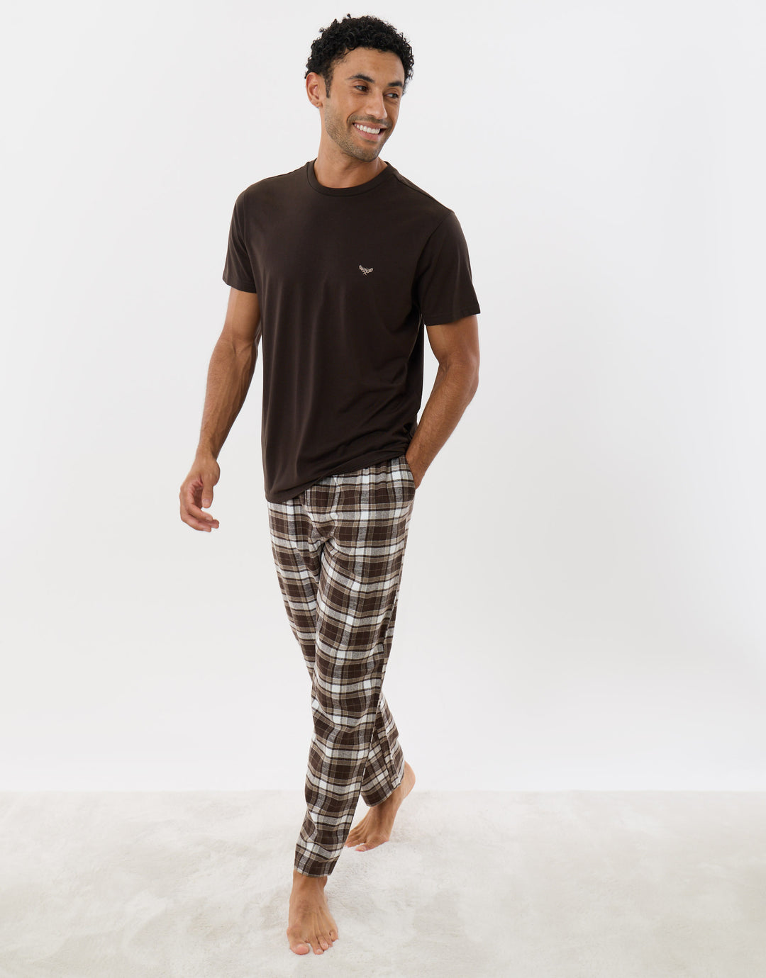 Cotton Rich T-Shirt & Trouser Pyjama Set in Chocolate Brown Check