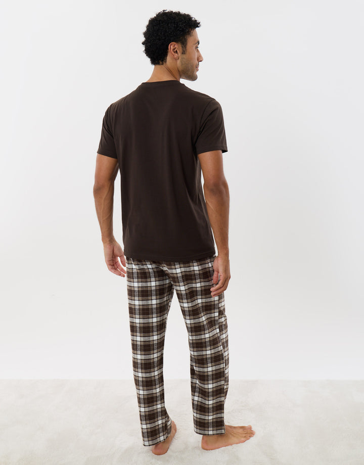 Cotton Rich T-Shirt & Trouser Pyjama Set in Chocolate Brown Check