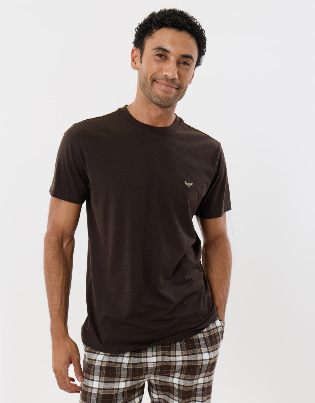 Cotton Rich T-Shirt & Trouser Pyjama Set in Chocolate Brown Check