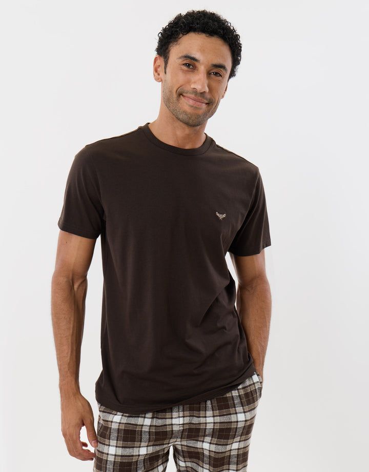 Cotton Rich T-Shirt & Trouser Pyjama Set in Chocolate Brown Check