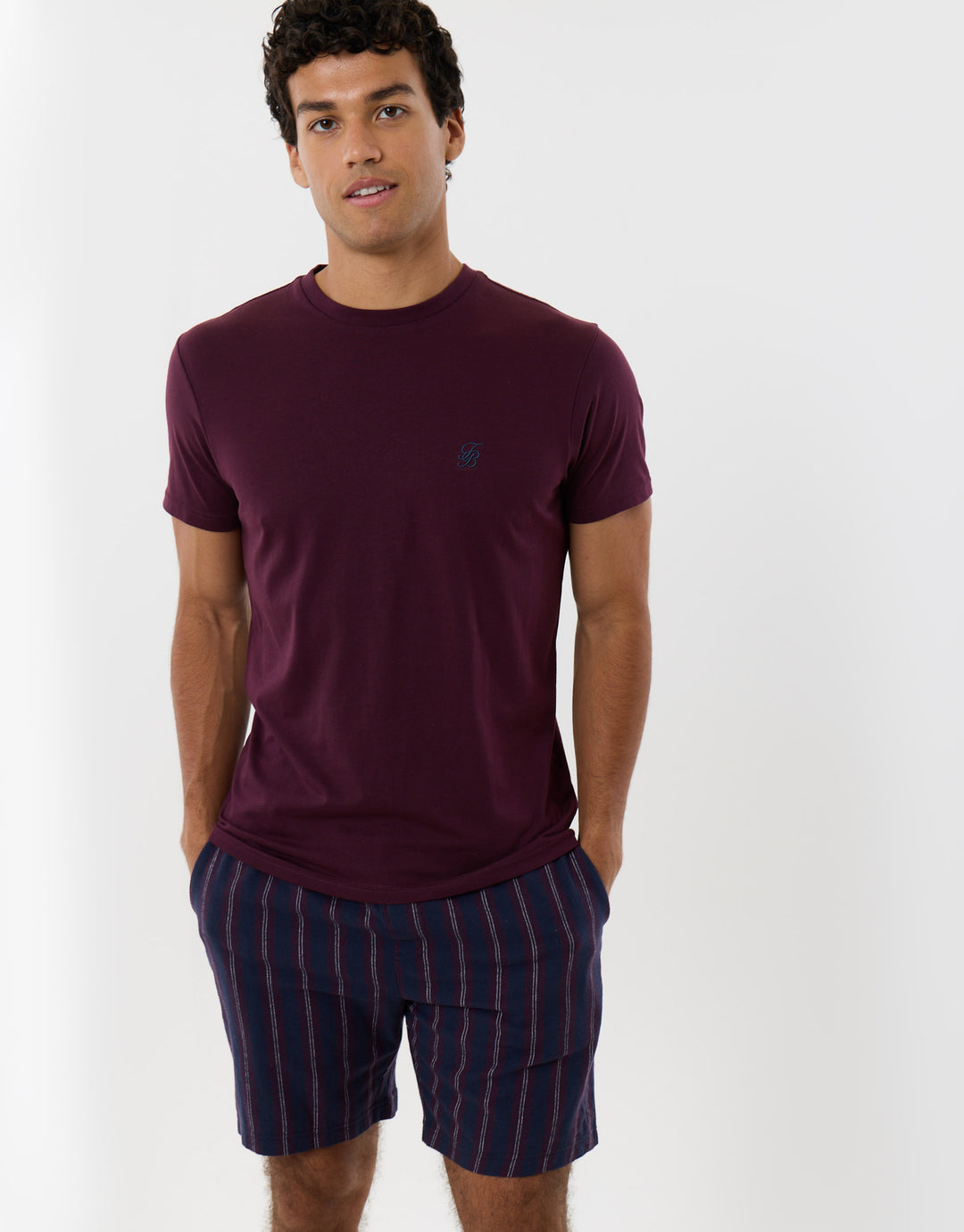 Cotton Rich T-Shirt & Short Pyjama Set in Burgundy Stripe