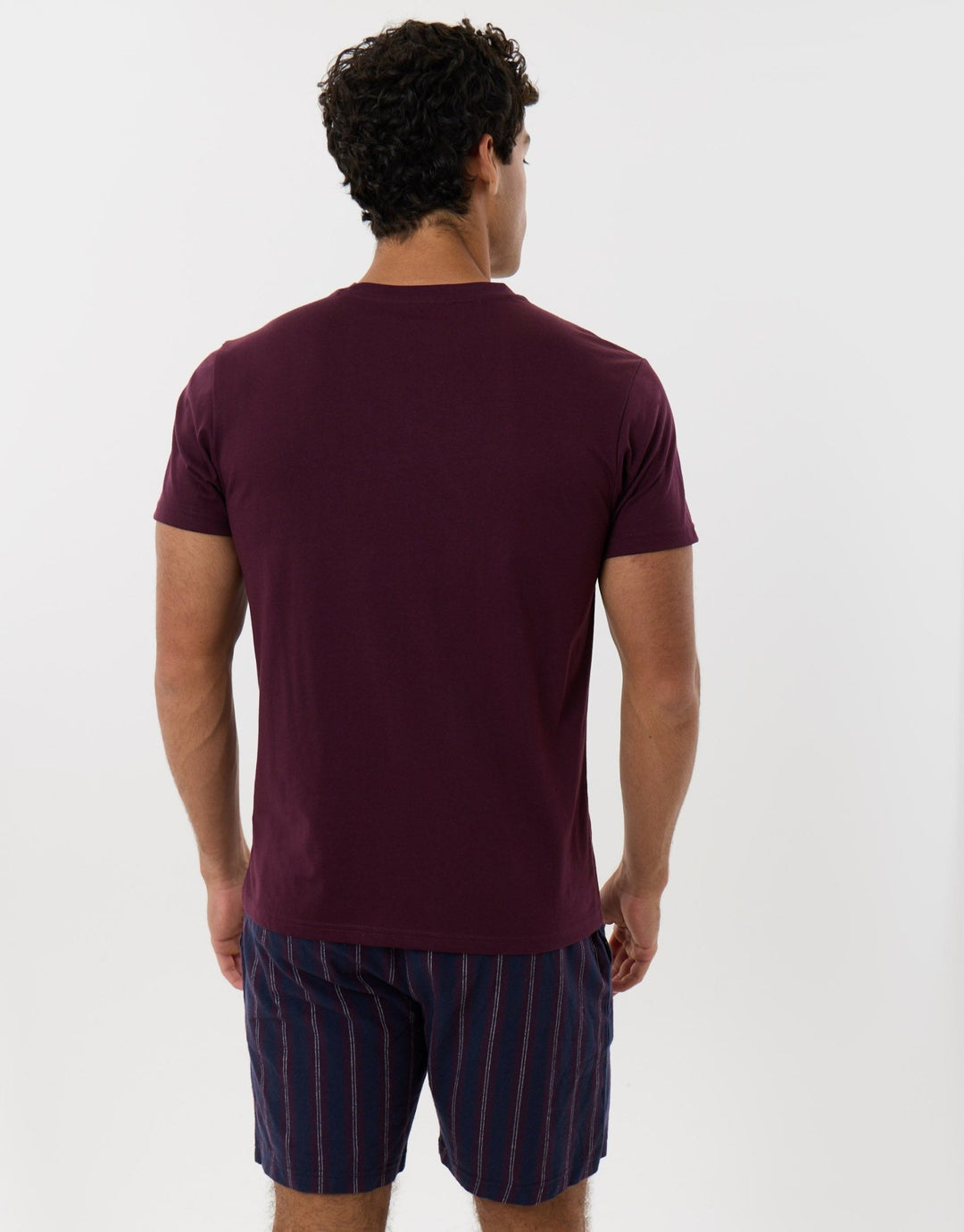 Cotton Rich T-Shirt & Short Pyjama Set in Burgundy Stripe