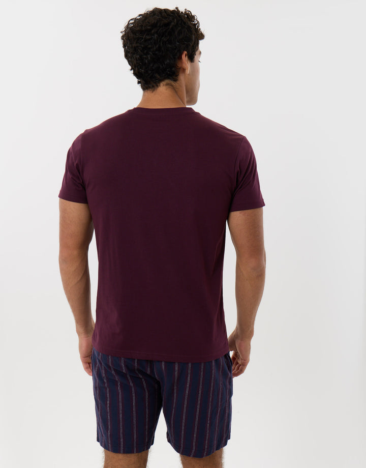 Cotton Rich T-Shirt & Short Pyjama Set in Burgundy Stripe