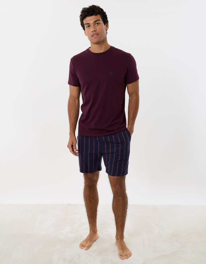 Cotton Rich T-Shirt & Short Pyjama Set in Burgundy Stripe