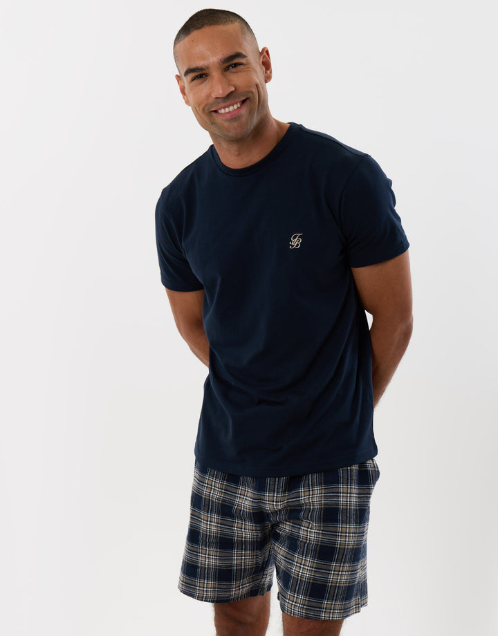 Threadbare Cotton Rich T-Shirt and Short Pyjama Set in Navy Check - front view