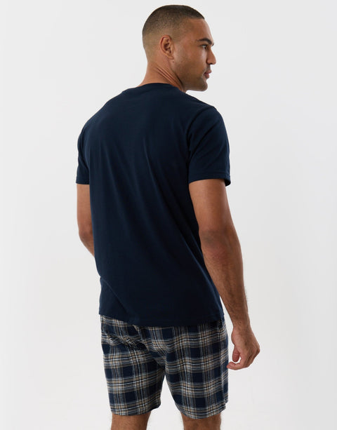 Threadbare Cotton Rich T-Shirt and Short Pyjama Set in Navy Check - back view