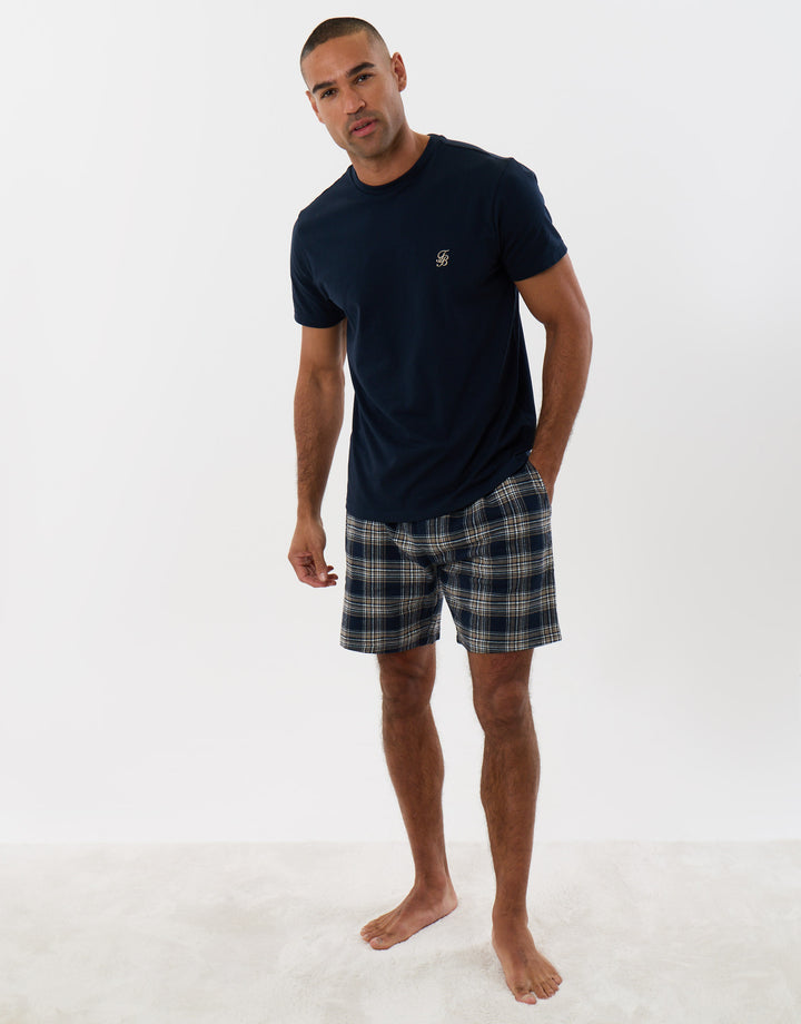 Threadbare Cotton Rich T-Shirt and Short Pyjama Set in Navy Check - full body