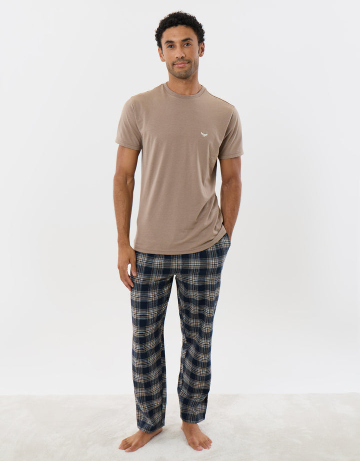 T-Shirt & Cotton Flannel Trousers Pyjama Set in Taupe Check