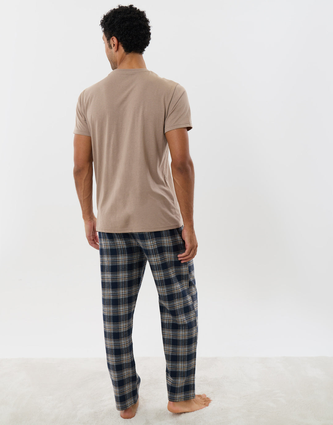 T-Shirt & Cotton Flannel Trousers Pyjama Set in Taupe Check