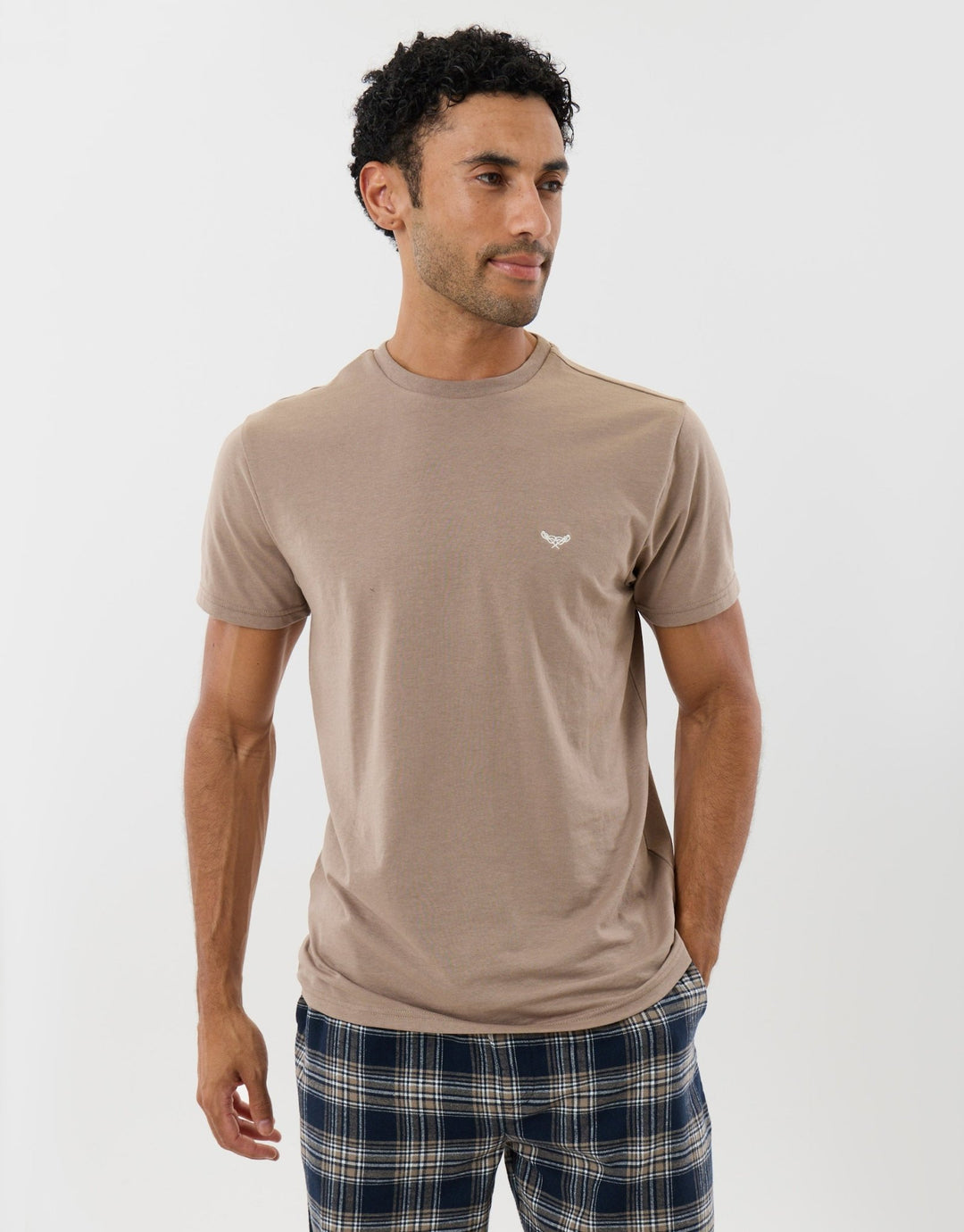 T-Shirt & Cotton Flannel Trousers Pyjama Set in Taupe Check