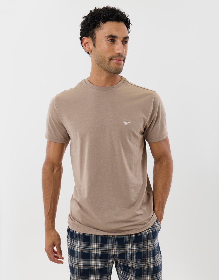 T-Shirt & Cotton Flannel Trousers Pyjama Set in Taupe Check