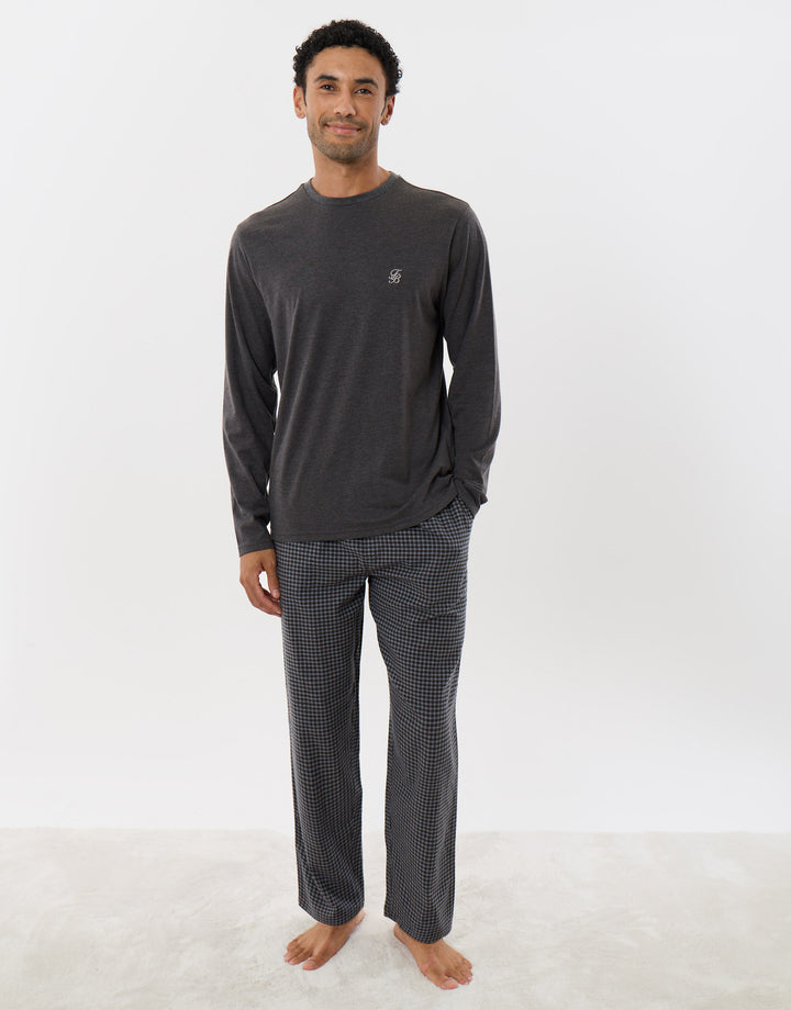 Long Sleeve Top & Cotton Flannel Trousers Pyjama Set in Charcoal Check