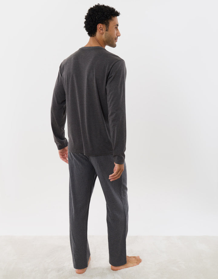 Long Sleeve Top & Cotton Flannel Trousers Pyjama Set in Charcoal Check