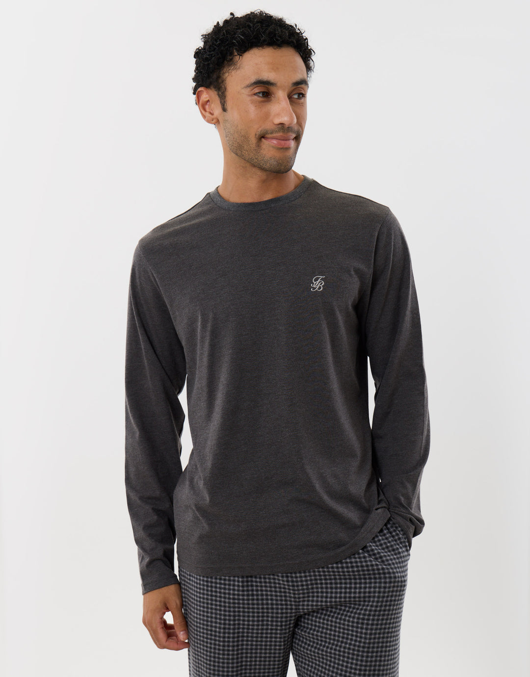 Long Sleeve Top & Cotton Flannel Trousers Pyjama Set in Charcoal Check