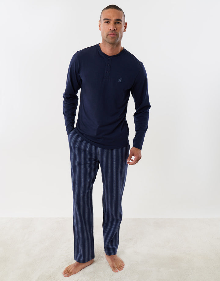 Long Sleeves Top & Flannel Trousers Pyjama Set in Navy Stripe