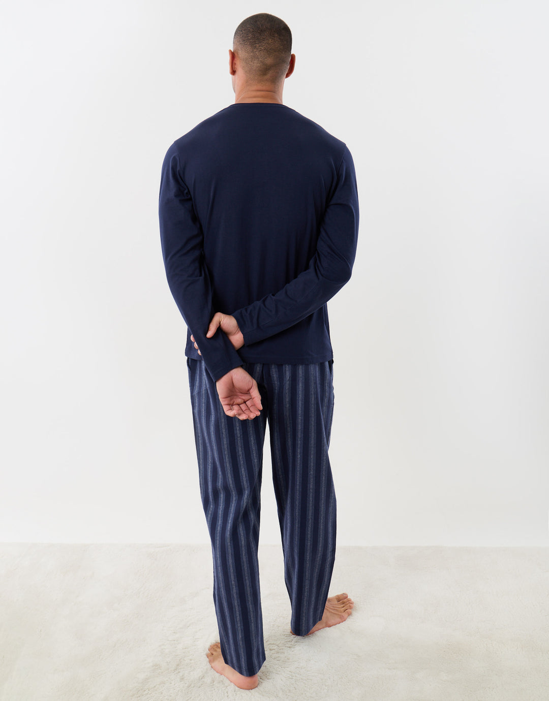 Long Sleeves Top & Flannel Trousers Pyjama Set in Navy Stripe