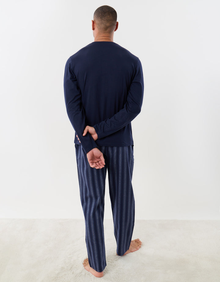 Long Sleeves Top & Flannel Trousers Pyjama Set in Navy Stripe