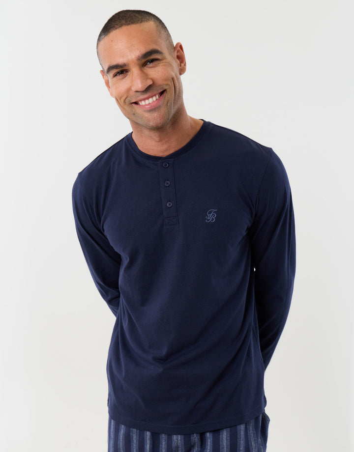 Long Sleeves Top & Flannel Trousers Pyjama Set in Navy Stripe