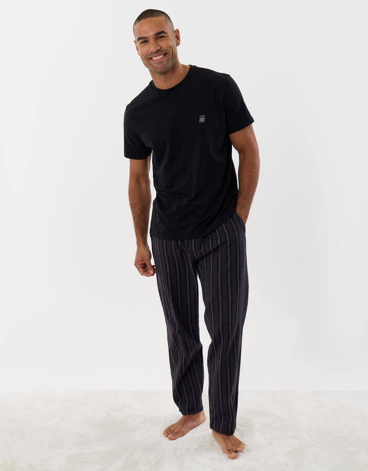 Threadbare T-Shirt & Cotton Flannel Trousers Pyjama Set in Black Stripe - full body