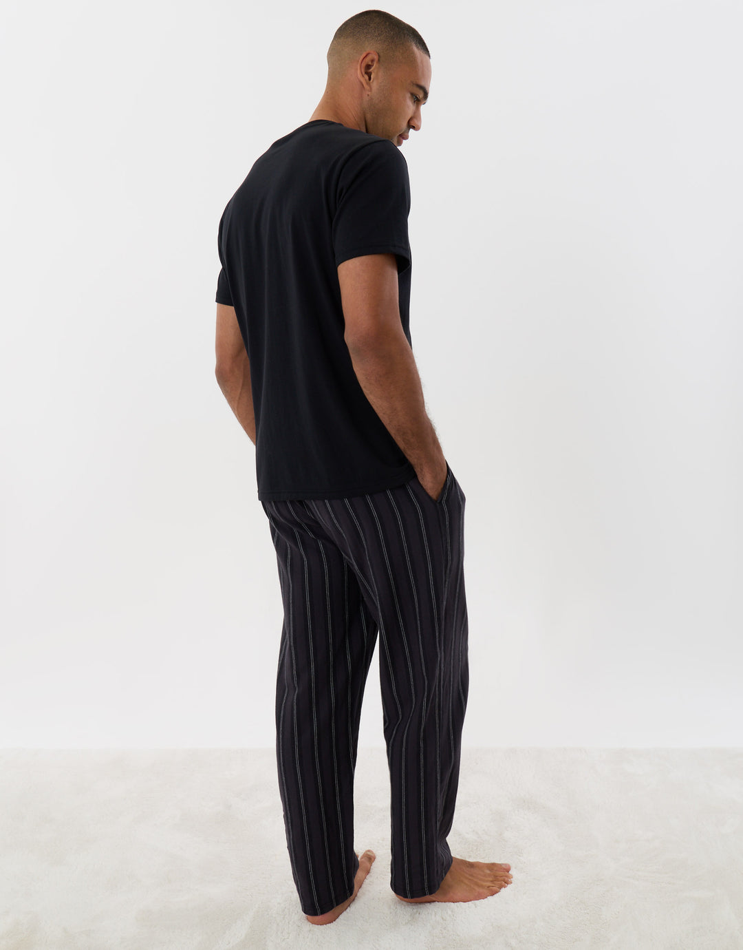 Threadbare T-Shirt & Cotton Flannel Trousers Pyjama Set in Black Stripe - back view