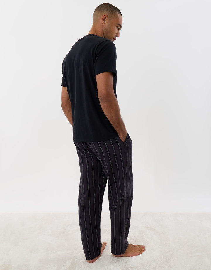 Threadbare T-Shirt & Cotton Flannel Trousers Pyjama Set in Black Stripe - back view