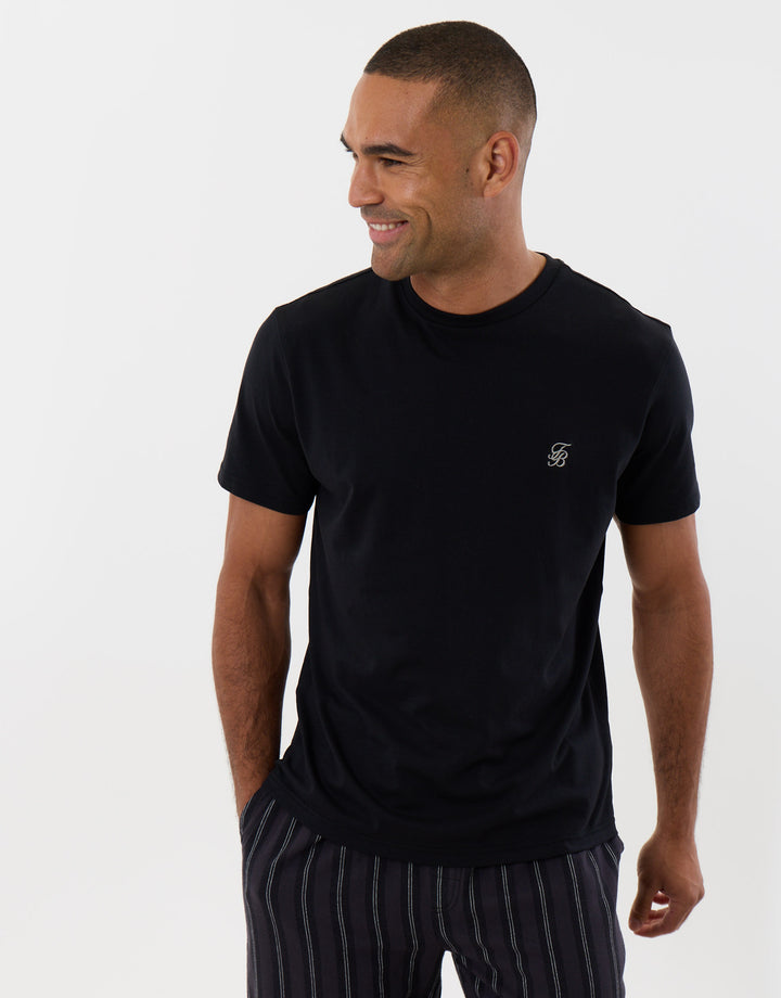 Threadbare T-Shirt & Cotton Flannel Trousers Pyjama Set in Black Stripe - front view