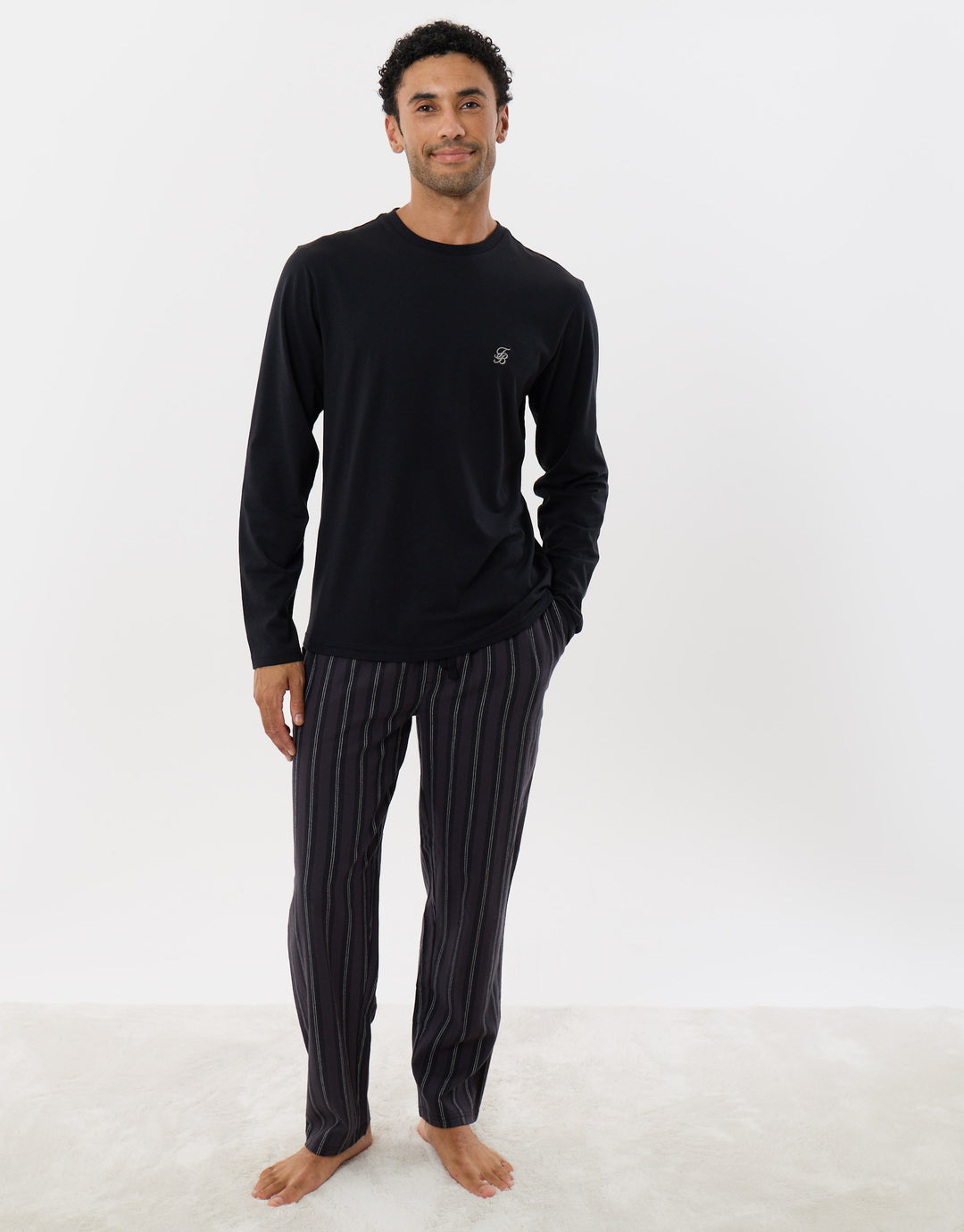 Sleeved Top & Trouser Pyjama Set in Black Stripe