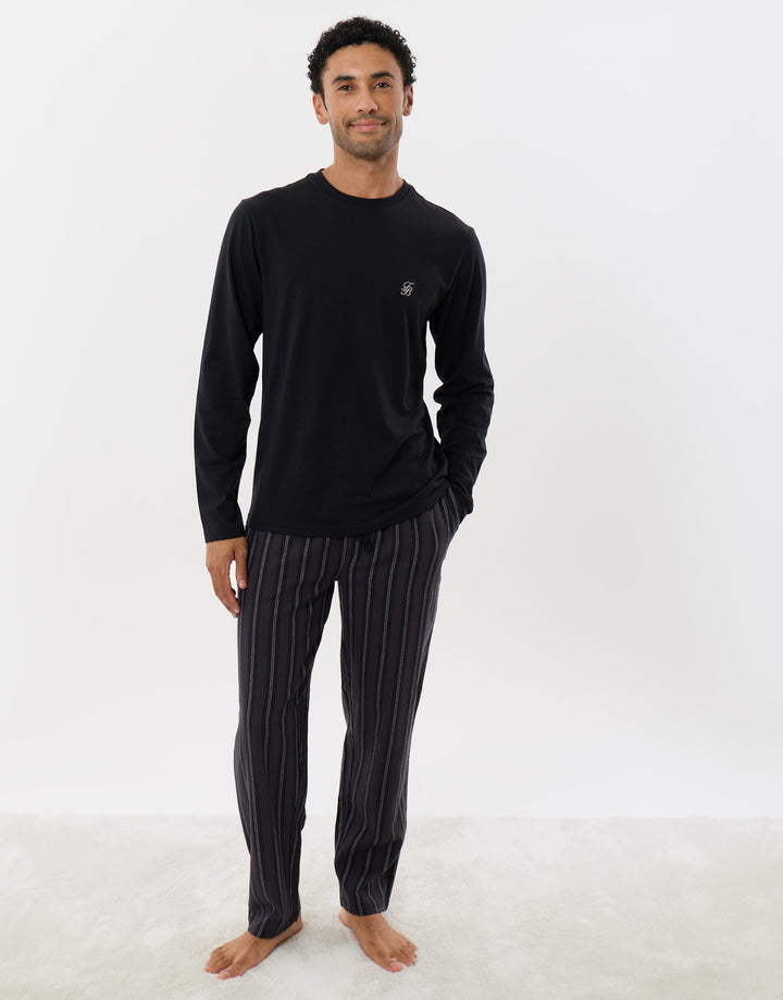 Sleeved Top & Trouser Pyjama Set in Black Stripe