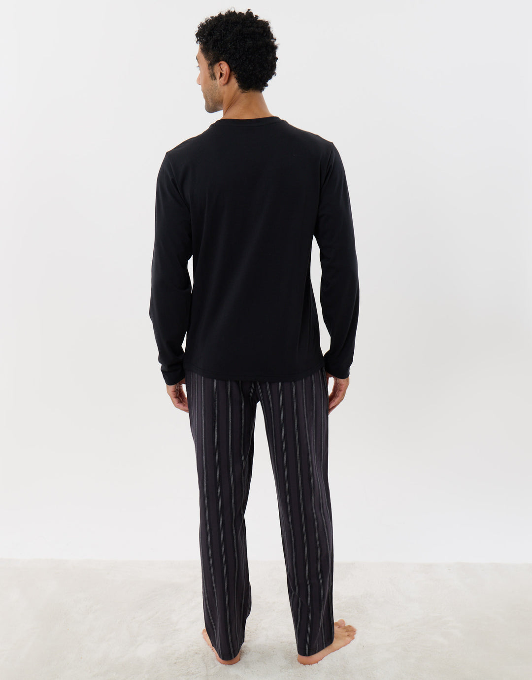 Sleeved Top & Trouser Pyjama Set in Black Stripe