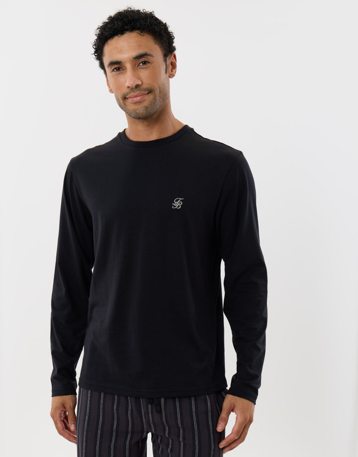 Sleeved Top & Trouser Pyjama Set in Black Stripe