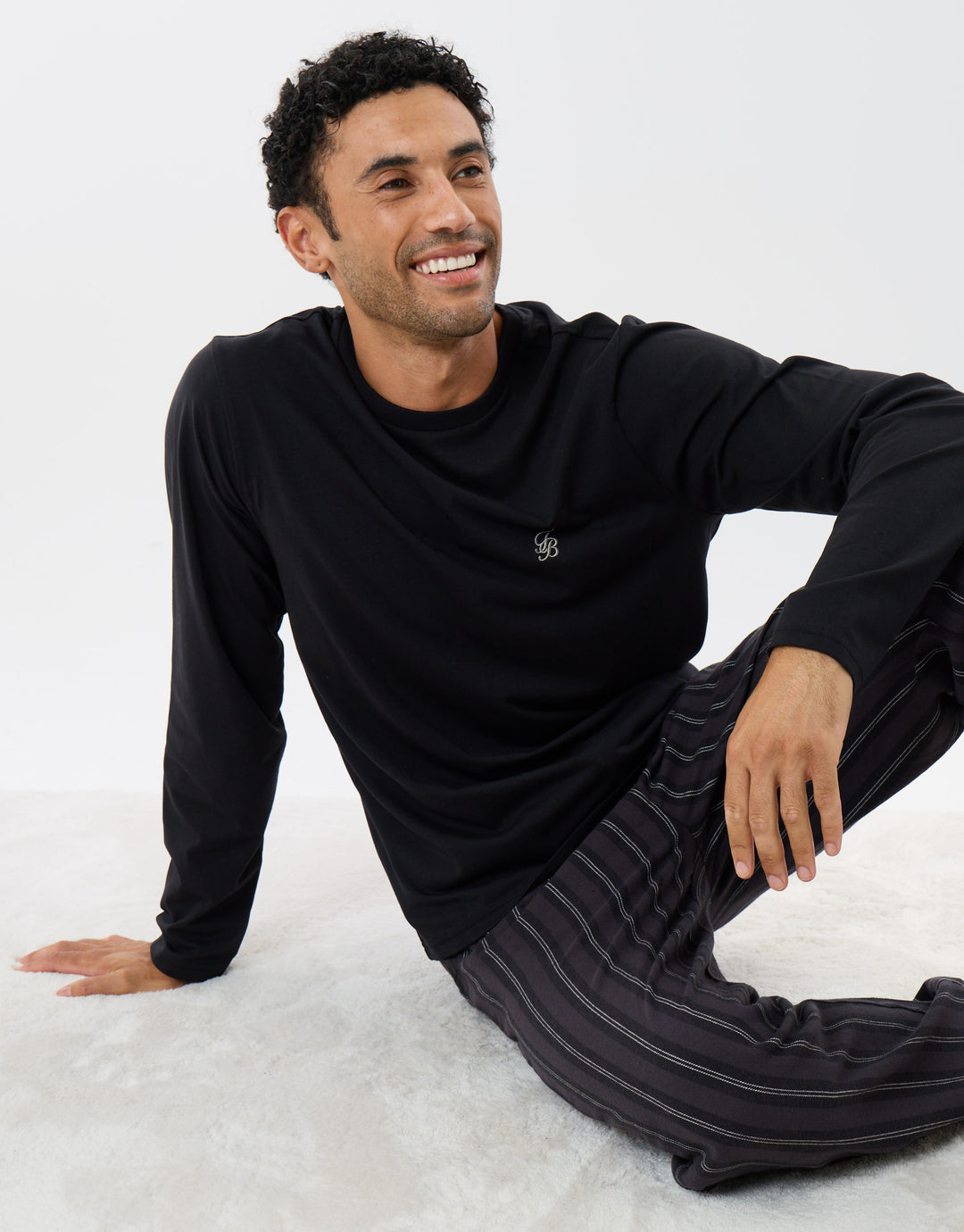 Sleeved Top & Trouser Pyjama Set in Black Stripe