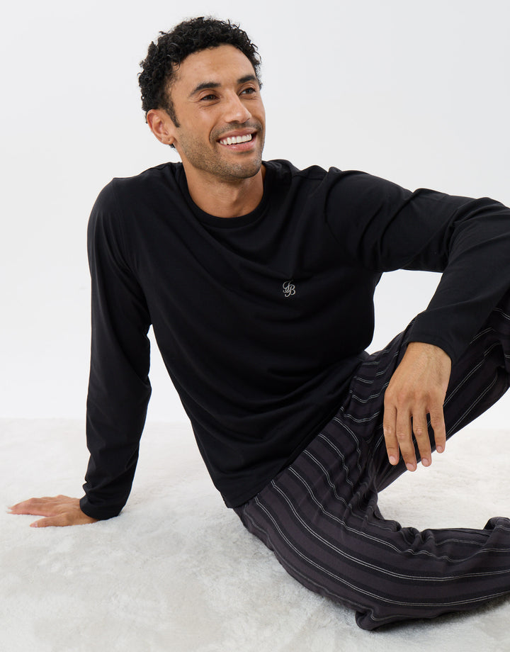 Sleeved Top & Trouser Pyjama Set in Black Stripe
