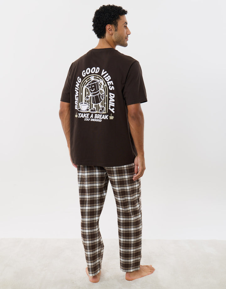 Coffee Break Pyjama Set in Chocolate Brown Check