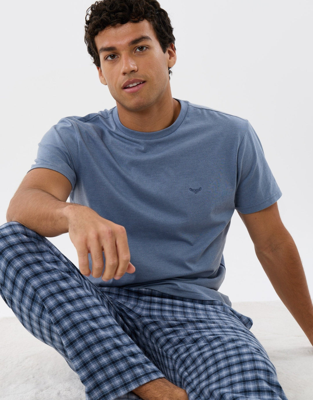 T-Shirt & Cotton Flannel Trousers Pyjama Set in Denim Blue Check
