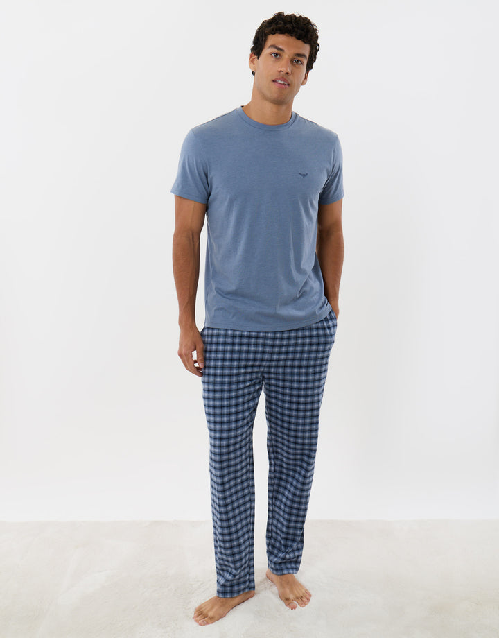 T-Shirt & Cotton Flannel Trousers Pyjama Set in Denim Blue Check