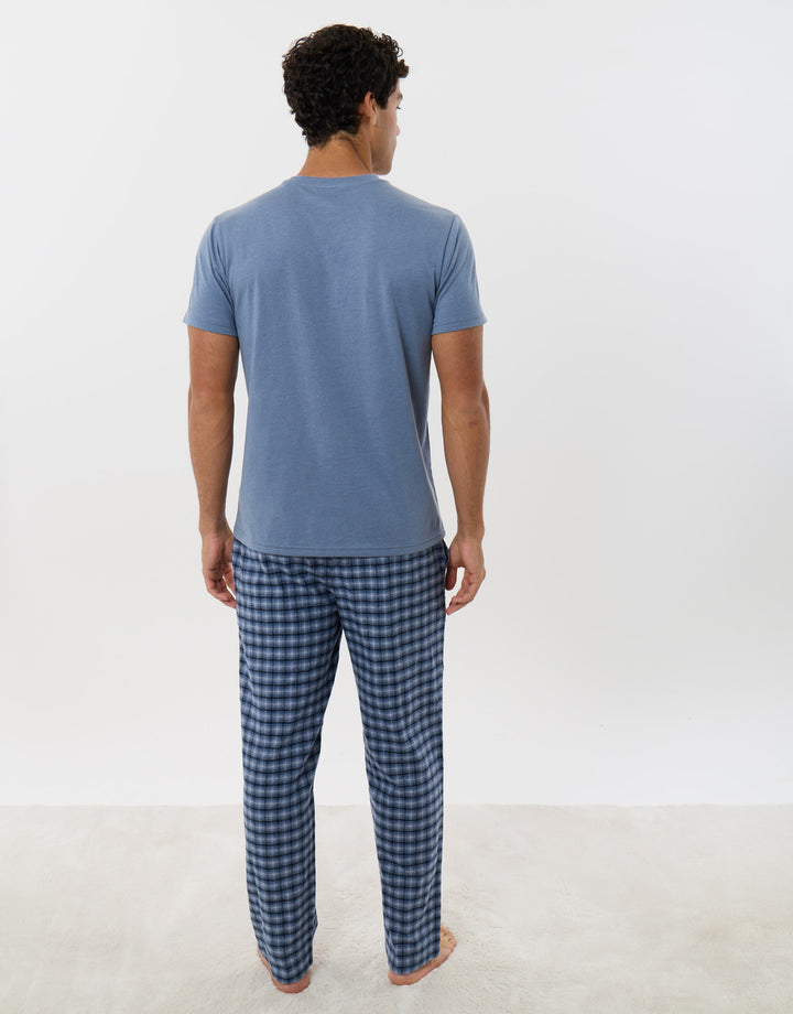 T-Shirt & Cotton Flannel Trousers Pyjama Set in Denim Blue Check