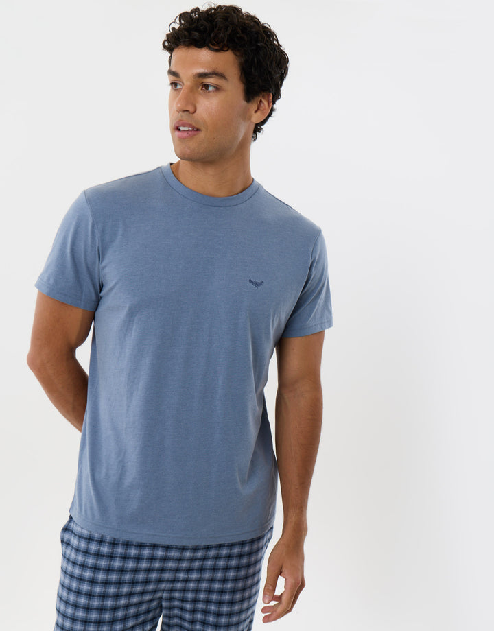 T-Shirt & Cotton Flannel Trousers Pyjama Set in Denim Blue Check