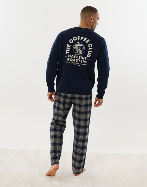 Threadbare Coffee Club Long Sleeve Pyjama Set in Navy Check -  front view