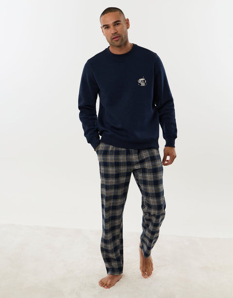 Threadbare Coffee Club Long Sleeve Pyjama Set in Navy Check - full view