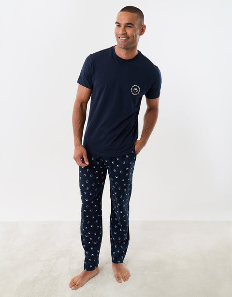 Threadbare Embroidered Coffee Club Pyjame Set in Navy -  front view