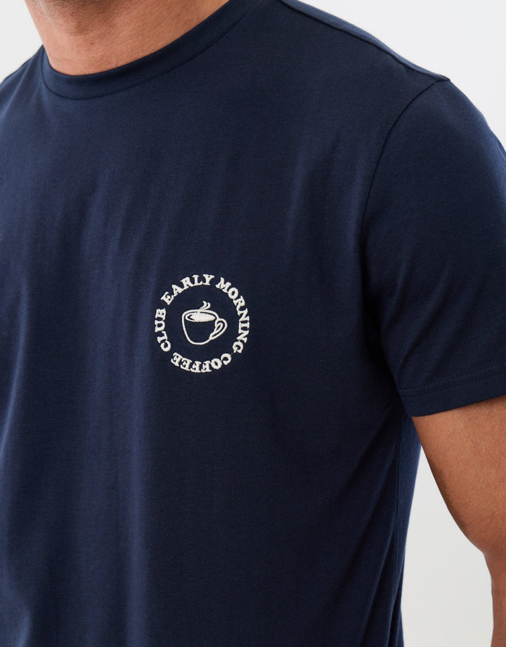 Threadbare Embroidered Coffee Club Pyjame Set in Navy - close up