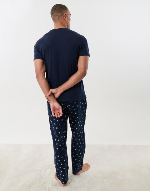 Threadbare Embroidered Coffee Club Pyjame Set in Navy - back view