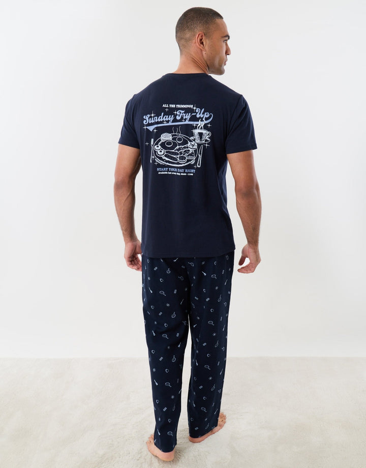Breakfast Print Christmas Pyjama Set in Navy Stripe