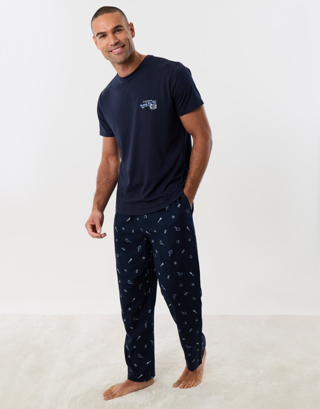 Breakfast Print Christmas Pyjama Set in Navy Stripe